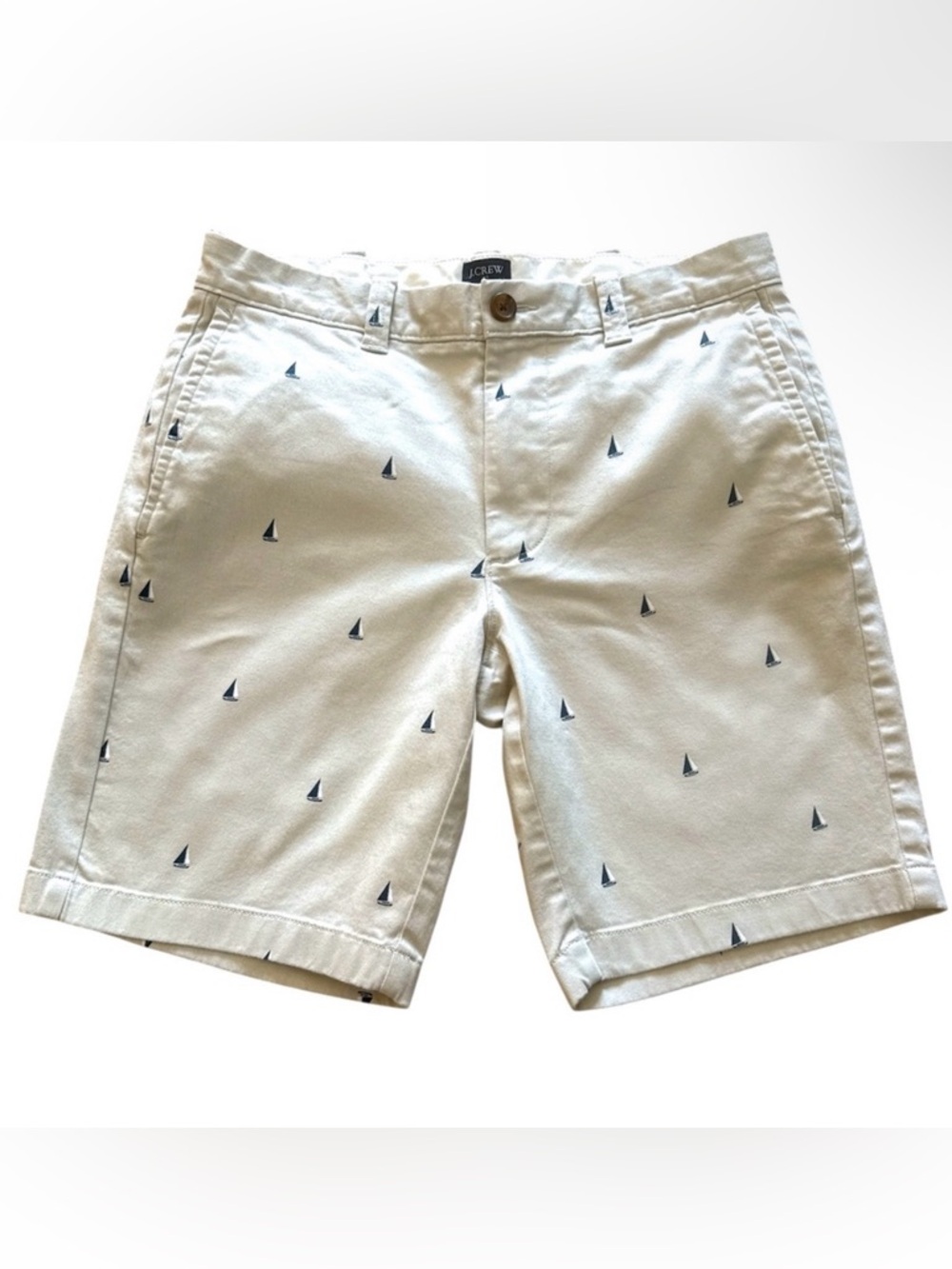 J. Crew Men’s Re-Imagined Khaki Shorts Blue Sailboats 9” Inseam Size 29 Like New